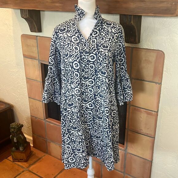 Holly Shae Blue and White Ruffle Collar Floral Button Down Dress, size M